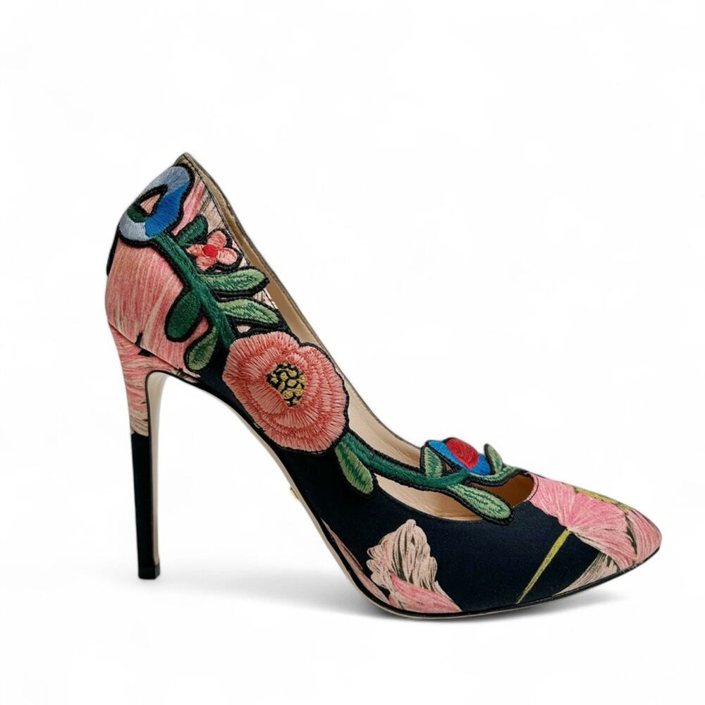 GUCCI Ophelia Floral Embroidered Printed Satin Pumps Graphite Black Pink